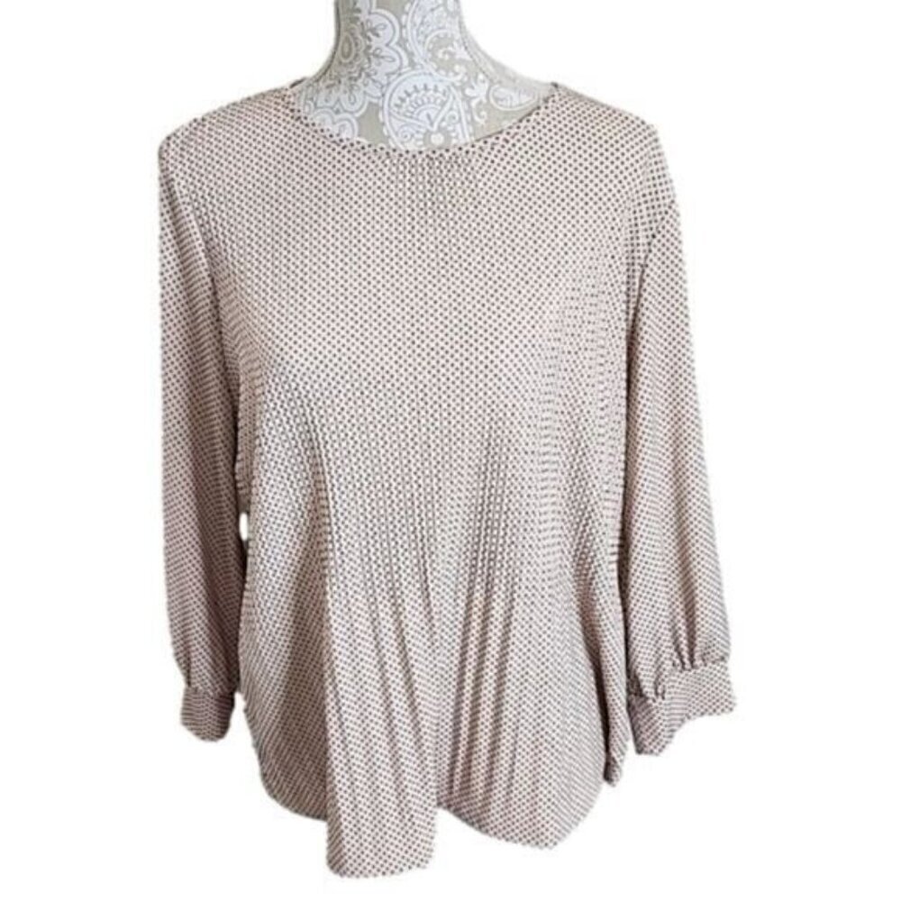 Adrianna Papell Top Cream Pleated Polka Dot 3/4 Sleeve Blouse Women's Large